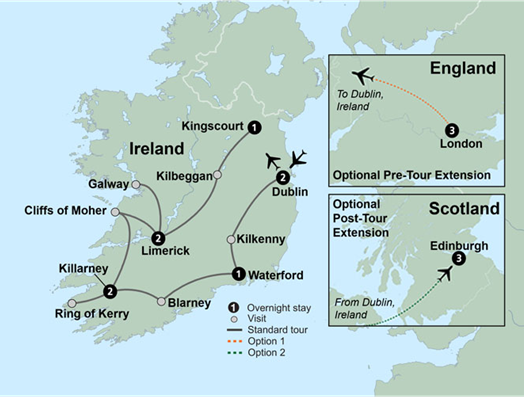 Map of Ireland showing the tour route through Dublin, Waterford, Killarney, Limerick, and Galway.